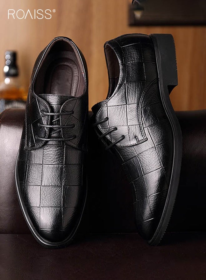 roaiss Men's Pointed Toe Leather Shoes Lace-Up Dress Shoes Formal Style Daily Comfort Breathable Durable for Business Casual Wear and Perfectly Suited for Weddings and Special Occasions Black Plaid Shoes - Image 4